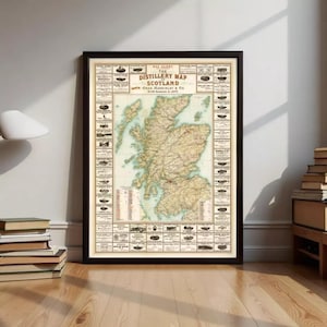 May include: A framed vintage map titled "The Distillery Map of Scotland." The map shows a detailed illustration of distilleries and a topographic view of Scotland, framed in black, suitable for display.