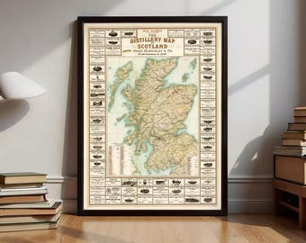 Scotland Whiskey Map 1902 The distillery map of Scotland | Wall Map Print