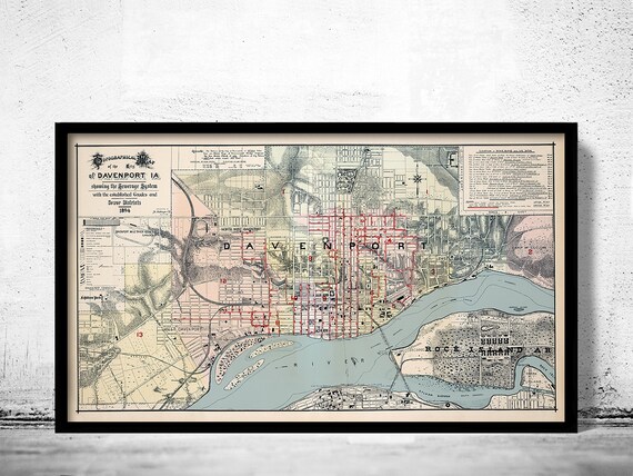 Map Of Davenport Iowa Old Map Of Davenport Iowa 1894 Vintage Poster Wall Art Print | Etsy