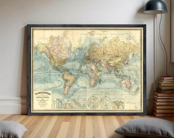 Vintage World Map Print | 1904 French Planisphere Terrestre Atlas Wall Décor