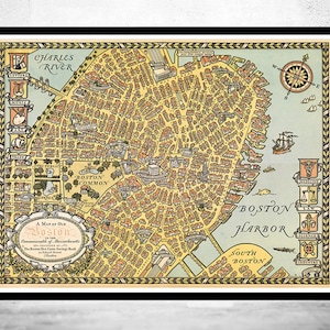 Old Map of Boston 1929 Massachusetts Pictorial Map Vintage Map | Vintage Map Wall Art Print | Large Map Print | Home Decor Wall Art