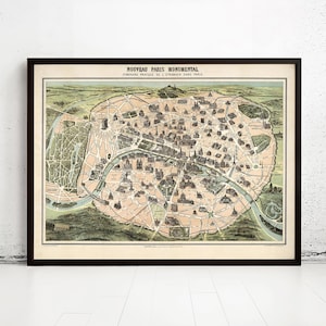Old Map of Paris Monumentale France 1878 Vintage Map | Vintage Map Wall Art Print | Large Map Print | Home Decor Wall Art