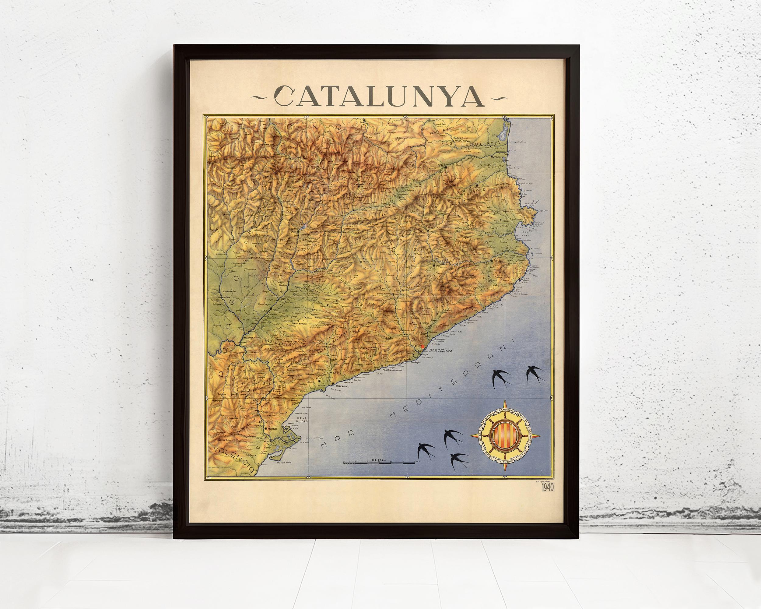 Old Map of Cataluña Catalunya 1940 Old Catalonia map Vintage Map | Vintage Map Wall Art Print | Large Map Print | Home Decor Wall Art