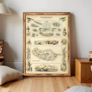 Old Map of Açores Azores and Madeira Islands 1876,  Portuguese islands  | Wall Map Print