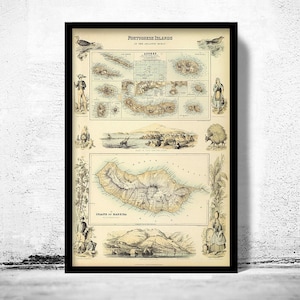 Old Map of Açores Azores and Madeira Islands 1876,  Portuguese islands  | Vintage Map Wall Art Print | Large Map Print