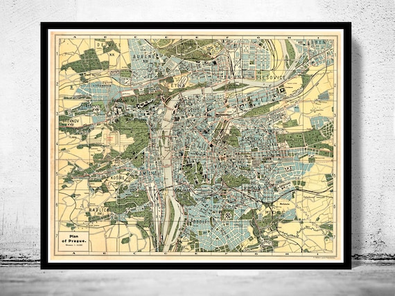 Old Map Of Prague 1900 Czech Republic Vintage Poster Wall Etsy