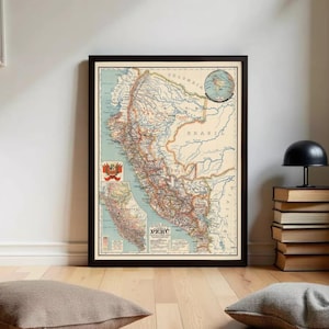 May include: Framed vintage map of Peru, featuring detailed geographical information and a classic aesthetic. The map is in a black frame and is displayed on a light-colored wall. The map includes a smaller inset map and a coat of arms.