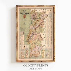 Beautiful Old Map of Portugal Mapa de Portugal, Portuguese map  | Vintage Map Wall Art Print | Large Map Print | Home Decor Wall Art