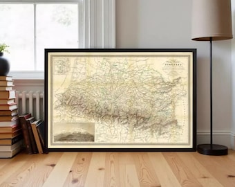 Old Map of Pyrenees Pirineus 1851 France Spain Vintage Map | Wall Map Print