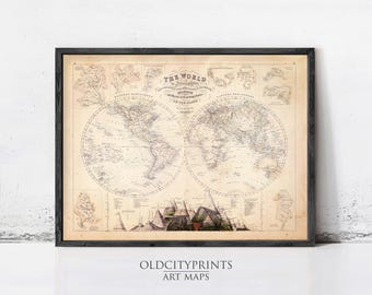 Vintage World Map Print 1862 | Antique Mercator Atlas Wall Art