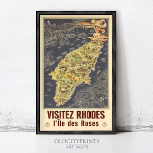 Old Poster of Rhodes Island Greece Rhodes Vintage Print | Wall Map Print