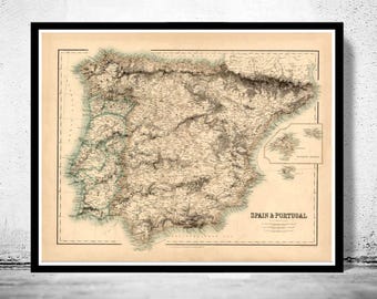 Old Map of Spain 1860 vintage Map of Spain | Vintage Map Wall Art Print | Large Map Print | Home Decor Wall Art
