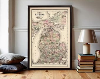 Old vintage map of Michigan 1885 Vintage Map | Wall Map Print