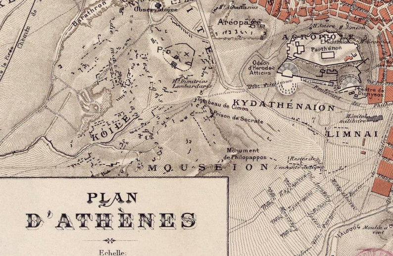 Vintage Poster Wall Art Print Old Map of Athens Greece 1880 Vintage Map