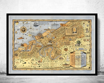 Old Map of Cleveland 1928 Pictorial map  | Vintage Poster Wall Art Print | Wall Map Print | Old Map Print