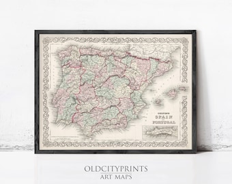 Spain Portugal Vintage Map 1886 | Antique Wall Decor Art Print