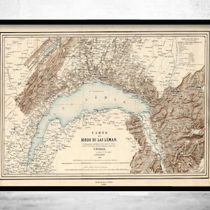 Old Map of Lake Geneva Lac Léman 1856  | Vintage Map Wall Art Print | Large Map Print | Home Decor Wall Art