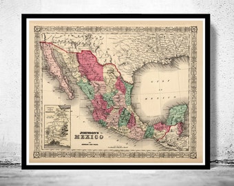 Old Map of Mexico 1865  Vintage Map | Vintage Poster Wall Art Print | Wall Map Print |  Old Map Print