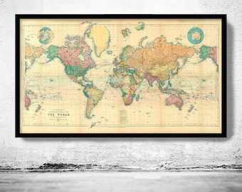 Beautiful World Map Vintage Atlas 1898 Mercator projection  | Vintage Poster Wall Art Print | Vintage World Map