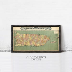The image is a framed vintage map of the island of Puerto Rico.
