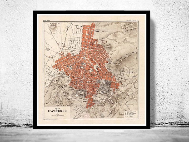 Vintage Poster Wall Art Print Old Map of Athens Greece 1880 Vintage Map