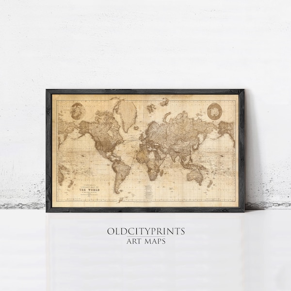 Vintage World Map 1898 Print – Mercator Projection Sepia Antique Wall Art