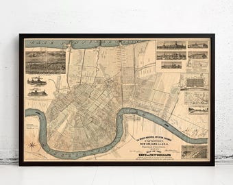 Vintage Map of New Orleans 1884 Beautiful Old Map New Orleans | Vintage Map Wall Art Print | Large Map Print | Home Decor Wall Art