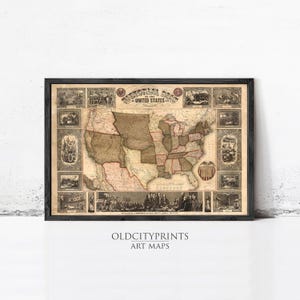 Puede incluir: Un mapa histórico enmarcado titulado Pictorial Map of the United States, que presenta un mapa central de los EE. UU. rodeado por varias ilustraciones en blanco y negro de escenas, eventos y figuras históricas, todo en un marco de madera oscura.