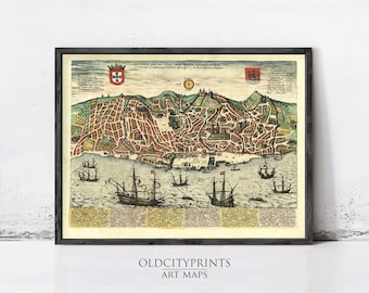 Old Lisbon Map 1598 Portugal Vintage Print | Wall Art Decor