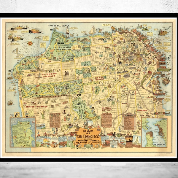 Alte Karte von San Francisco 1927 Bildkarte | Vintage Poster Wand kunstdruck | Wandkarte drucken | Alter Kartendruck