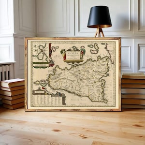 May include: A framed antique map of Sicily, Italy, with detailed cartography and decorative elements. The map is in a wooden frame and features the title "SICILIA VETERIS TYPUS". The map is displayed on a wooden floor.