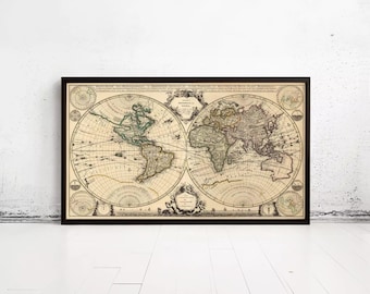 May include: A framed vintage-style world map print featuring two circular hemispheres in a beige tone with black ink details. The map displays continents, latitude and longitude lines, and decorative cartographic elements with text in French.