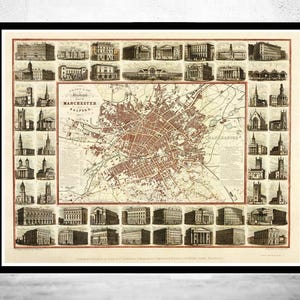 Old Map of Manchester with gravures England 1857 Vintage Map | Vintage Map Wall Art Print | Large Map Print | Home Decor Wall Art