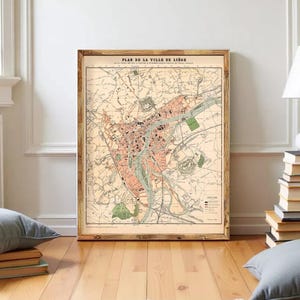 The image is a framed vintage map of a city, likely Paris, with various landmarks and streets depicted.