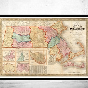 Old Map of Massachusetts State 1839 Boston Salem Worcester, Lowell, Springfield | Vintage Map Wall Art Print | Large Map Print