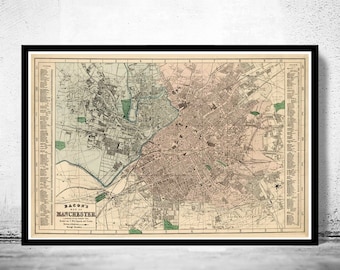 Old Map of Manchester UK 1880 Vintage Map | Vintage Poster Wall Art Print | Wall Map Print | Old Map Print