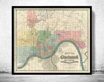 Old Map of Cincinnati and Suburbs Covington and NewPort 1880 Vintage Map | Vintage Poster Wall Art Print | Wall Map Print | Old Map Print
