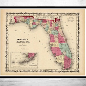 Old Map of Florida 1860 Vintage Map | Vintage Map Wall Art Print | Large Map Print | Home Decor Wall Art