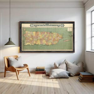 A framed vintage map of the island of Puerto Rico is displayed against a white wall.
