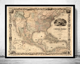 Ancienne carte des États-Unis de 1850 vintage | Affiche d'art mural vintage | Impression de carte murale | Ancienne impression de carte