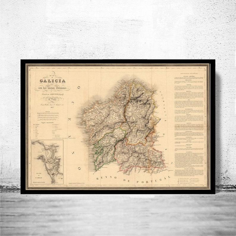 Old Map of Galicia Galiza Espana 1837 Spain Vintage Map Vintage Poster Wall Art Print Wall Map Print Old Map Print image 1