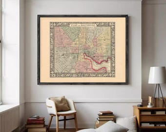 Antique Baltimore Map Print 1860 Maryland Wall Decor