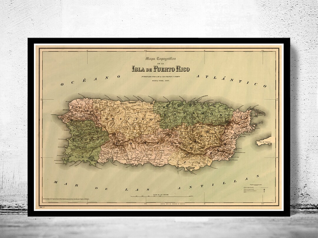 Vintage Old Map of Puerto Rico Island, 1886, Antique Map Vintage Poster Wall Art Print Wall Map ...