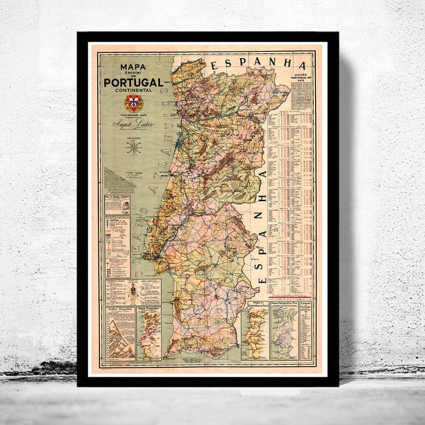 Ancienne carte du Portugal Mapa de Portugal, Carte du Portugal | Affiche d'art mural vintage | Impression de carte murale | Ancienne impression de carte