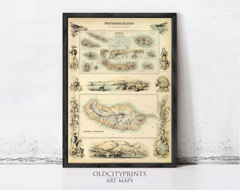 Old Map of Açores Azores and Madeira Islands 1876,  Portuguese islands  | Wall Map Print