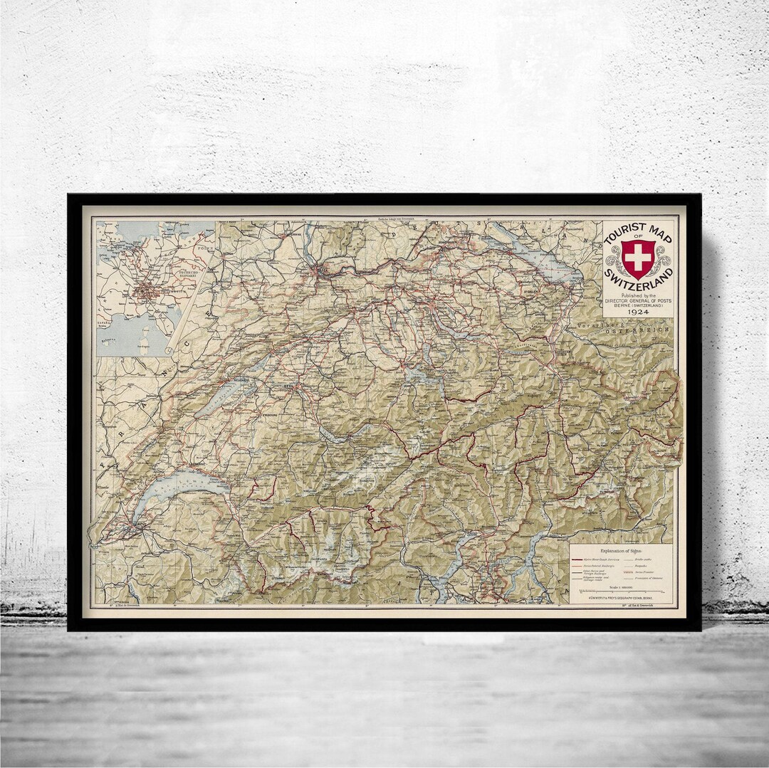 Beautiful Old Map of Switzerland 1924 Vintage Map Switzerland Gift ...