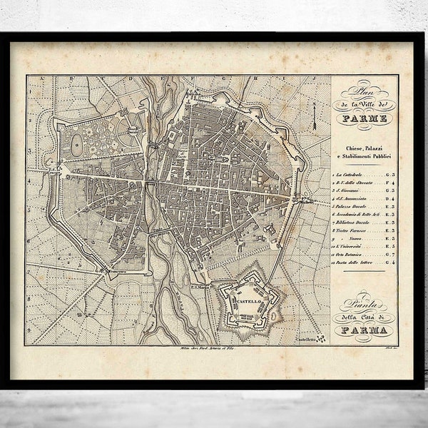 Ancienne carte de Parme Italie 1859 carte vintage | Affiche d'art mural vintage | Impression de carte murale | Ancienne impression de carte