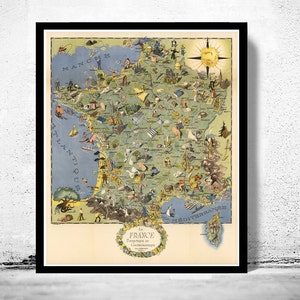 Alte Landkarte Frankreich Gastronomie Tourismus Poster Vintage Karte | Vintage Poster Wand Kunst Druck |