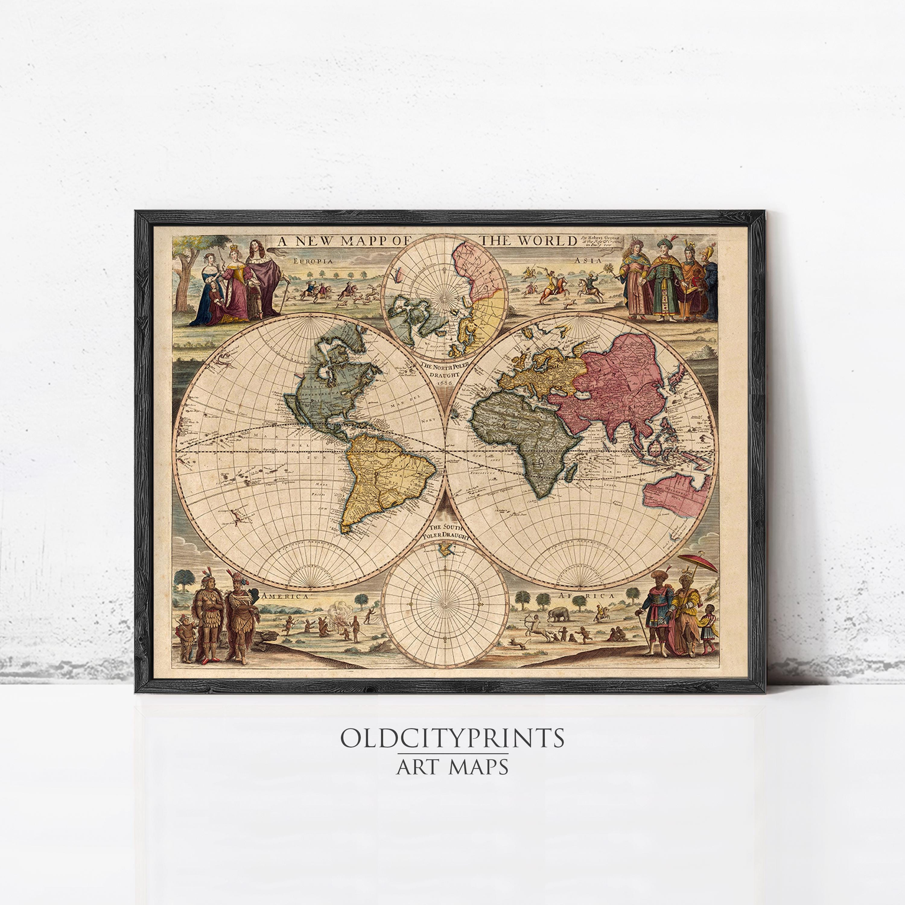 Old World Map 1686 Two Hemispheres Vintage World Map | Vintage World ...