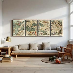 May include: Four framed antique maps with a vintage aesthetic, displayed above a light-colored sofa. The maps feature detailed illustrations and a color palette of beige, green, and brown. The room has a modern design with wooden furniture and a neutral color scheme.